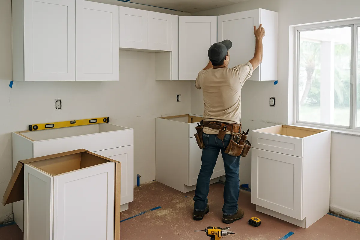 Kitchen cabinet installation in progress in a Deerfield Beach FL home — craftsman mounting white shaker uppers with level and tools visible
