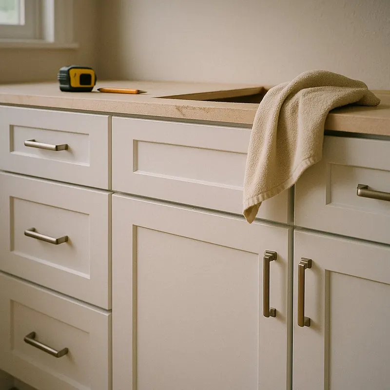 Kitchen cabinet installation project in Deerfield Beach FL — precision-leveled base cabinets with quartz countertop